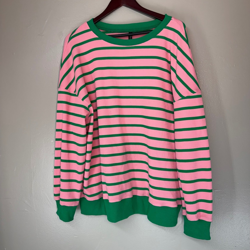 PrettyGarden Pink Green Striped Waffle Knit Sweatshirt XL Oversized Crew Neck